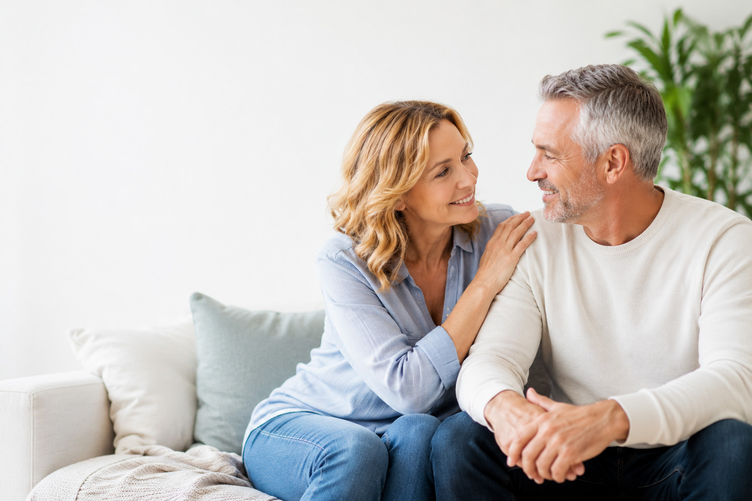 Mature couple sitting together on a sofa, showing emotional support and relationship closeness.