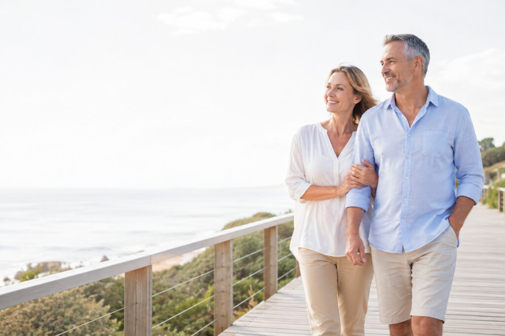 Mature couple walking along a coastal boardwalk, representing health and wellbeing.